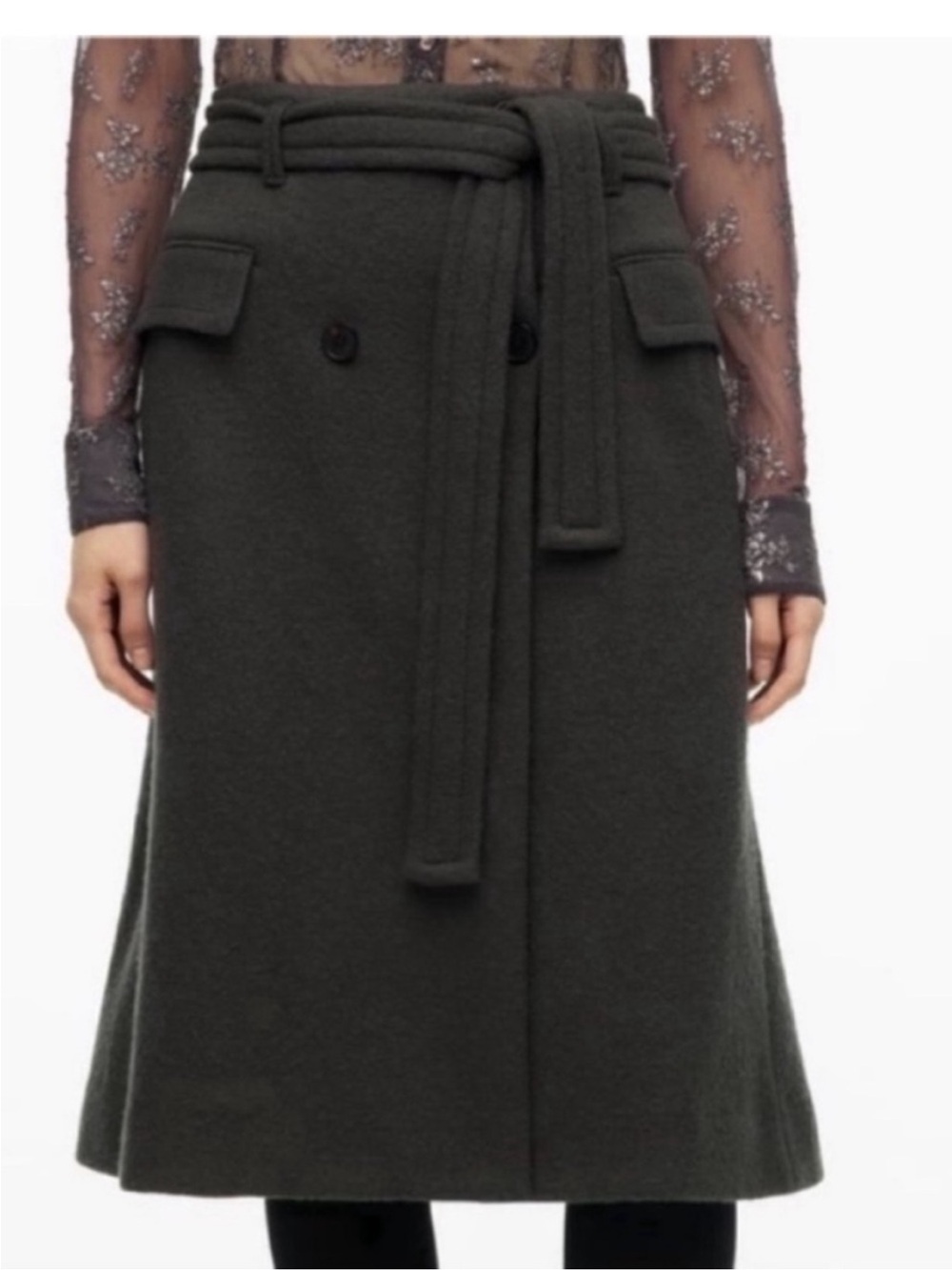 Zara Limited Edition Dark Charcoal A-Line Wool Belted Skirt Size Small